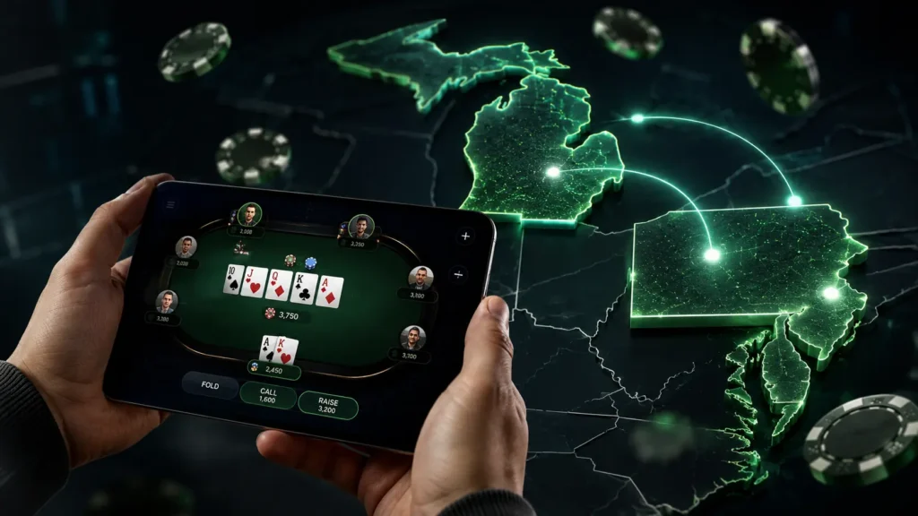 Mobile online poker game with Michigan Pennsylvania and New Jersey connected through MSIGA shared liquidity
