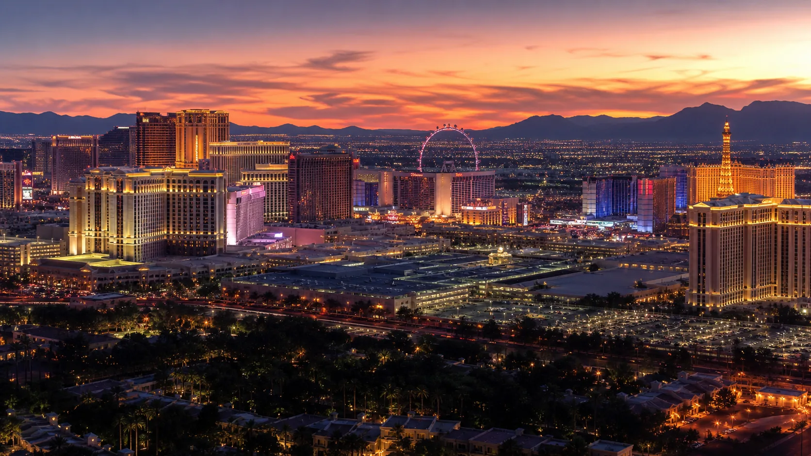 Panoramic Las Vegas casino skyline illustrating Nevada gaming win of 1.34 billion dollars in June 2026