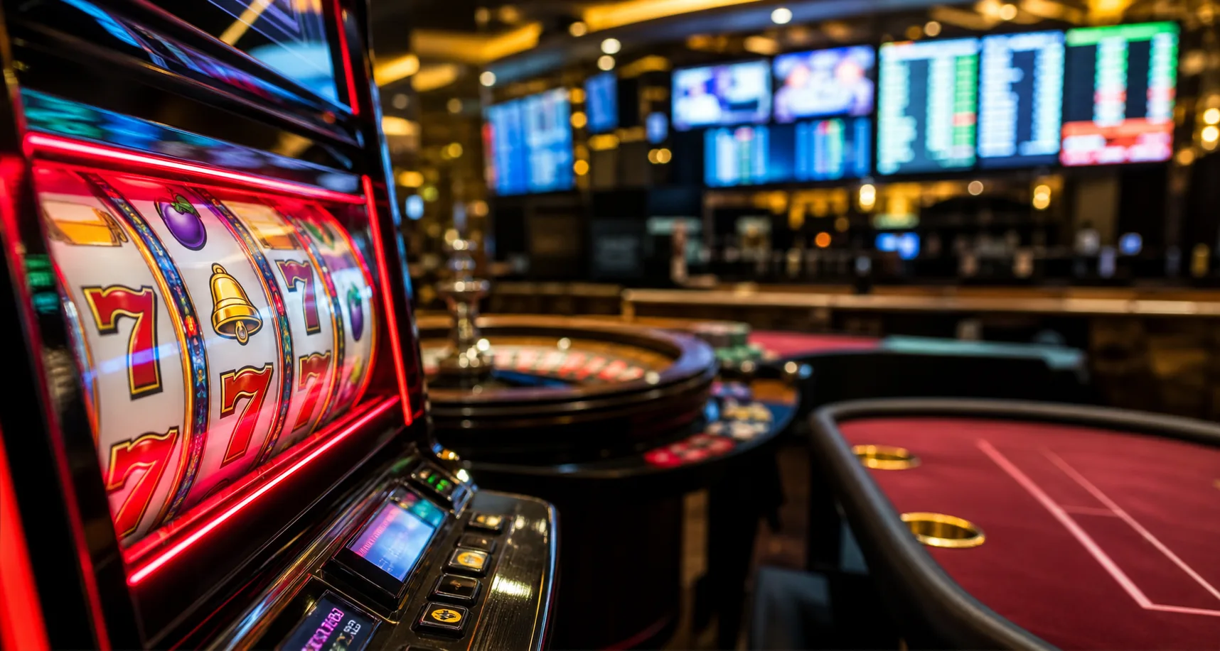 Slot machines, roulette table and sportsbook screens representing Nevada's mixed June 2026 gaming results