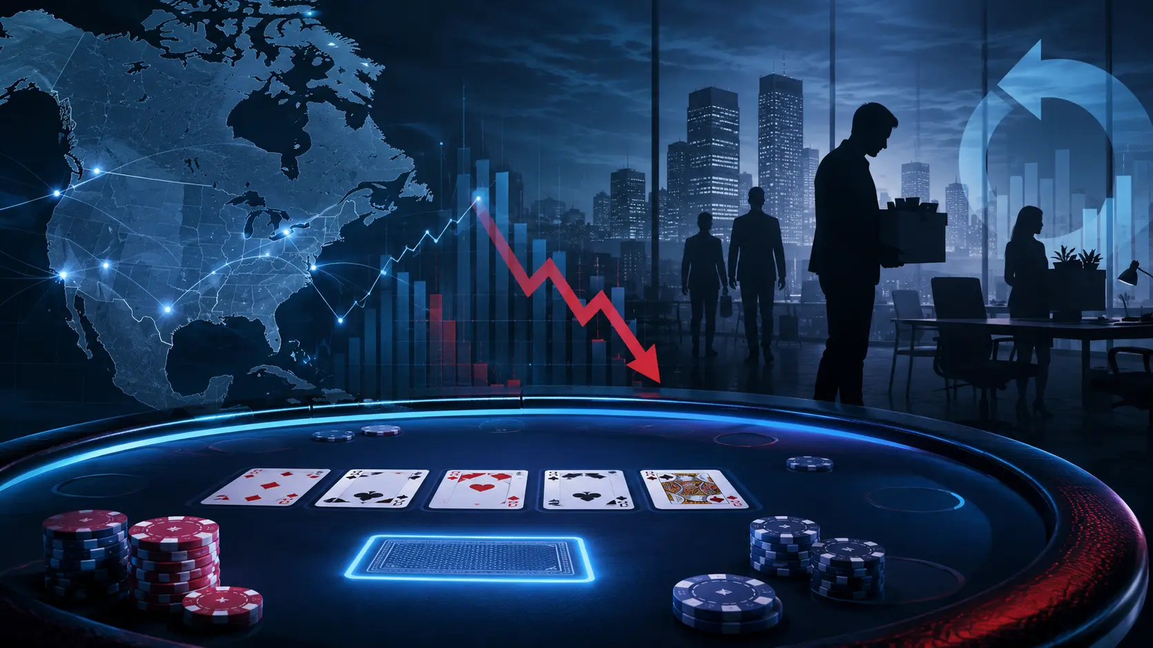 North America poker market transition with layoff and business chart imagery