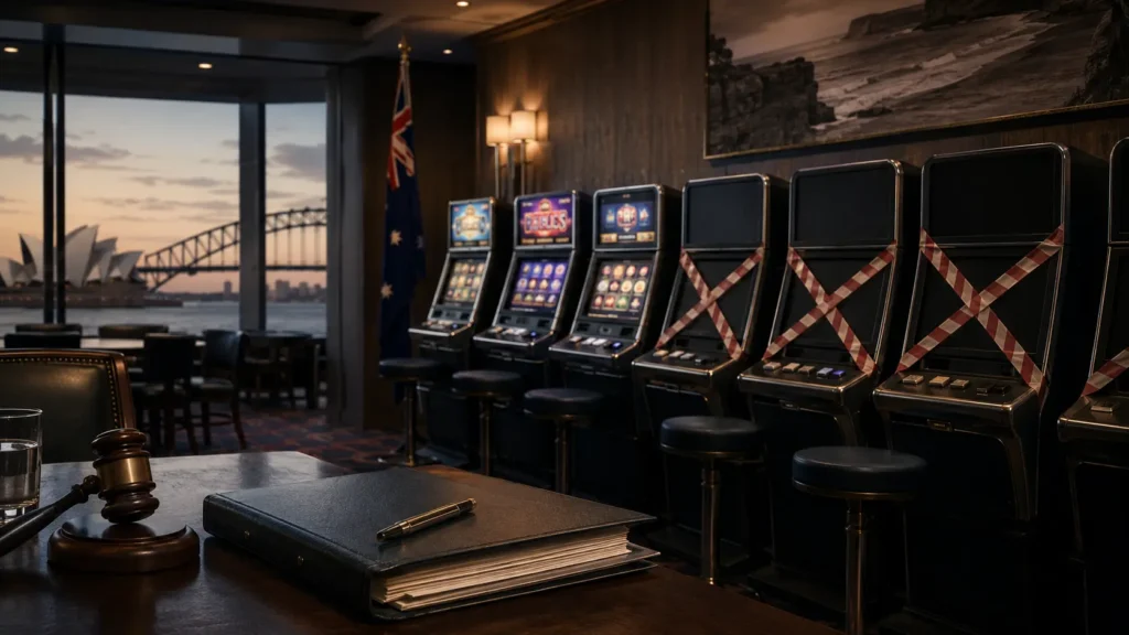 NSW poker machines taped off inside a casino club setting illustrating pokies reform in Australia