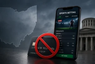 Ohio sports betting app beside a blocked credit card symbol and state outline