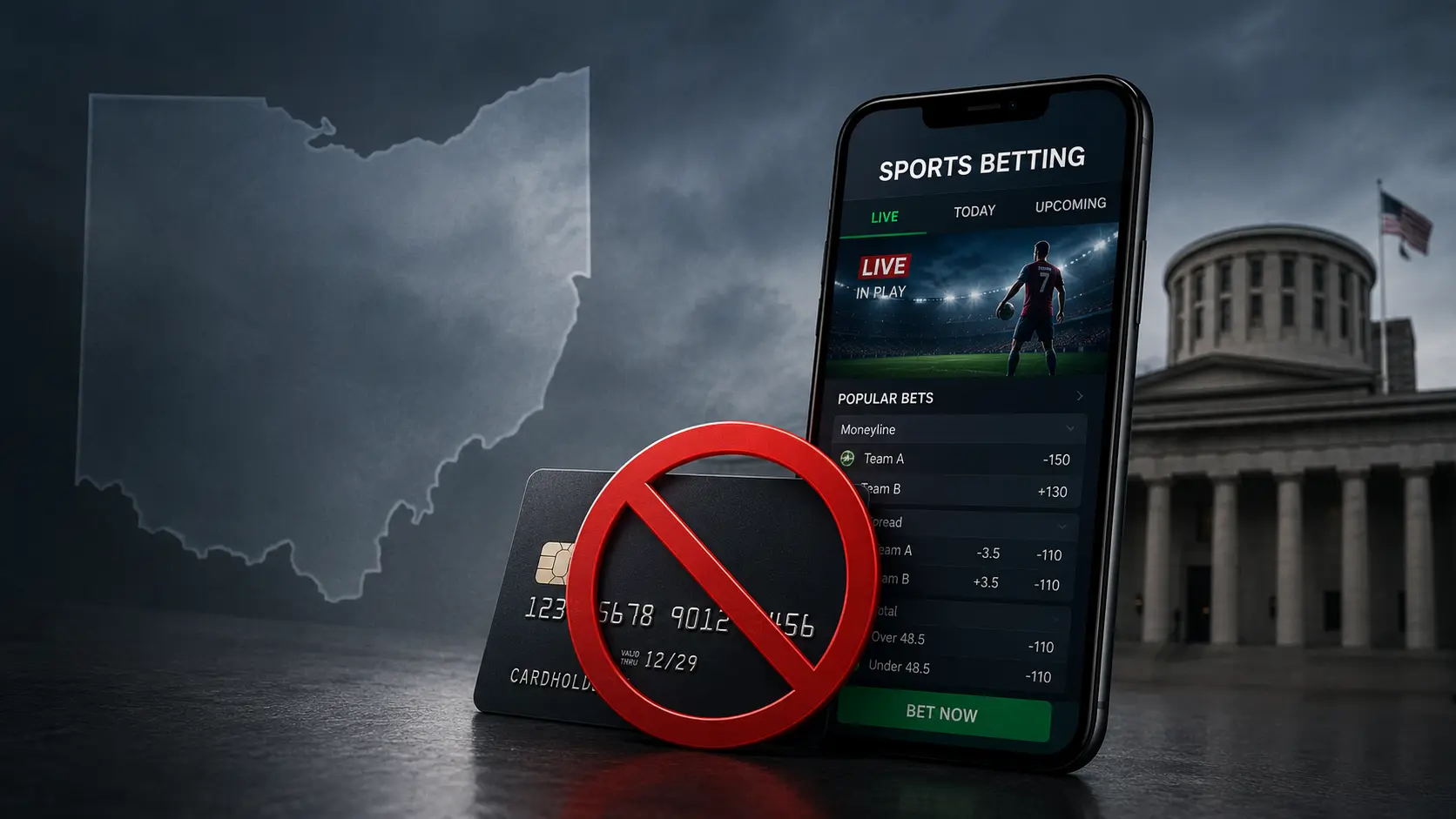 Ohio sports betting app beside a blocked credit card symbol and state outline