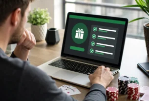 Adult player reviewing online casino bonus wagering requirements on a laptop