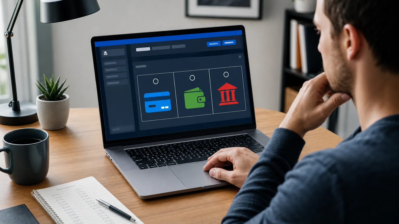 Adult online casino player comparing card, e-wallet and bank transfer deposit options before playing