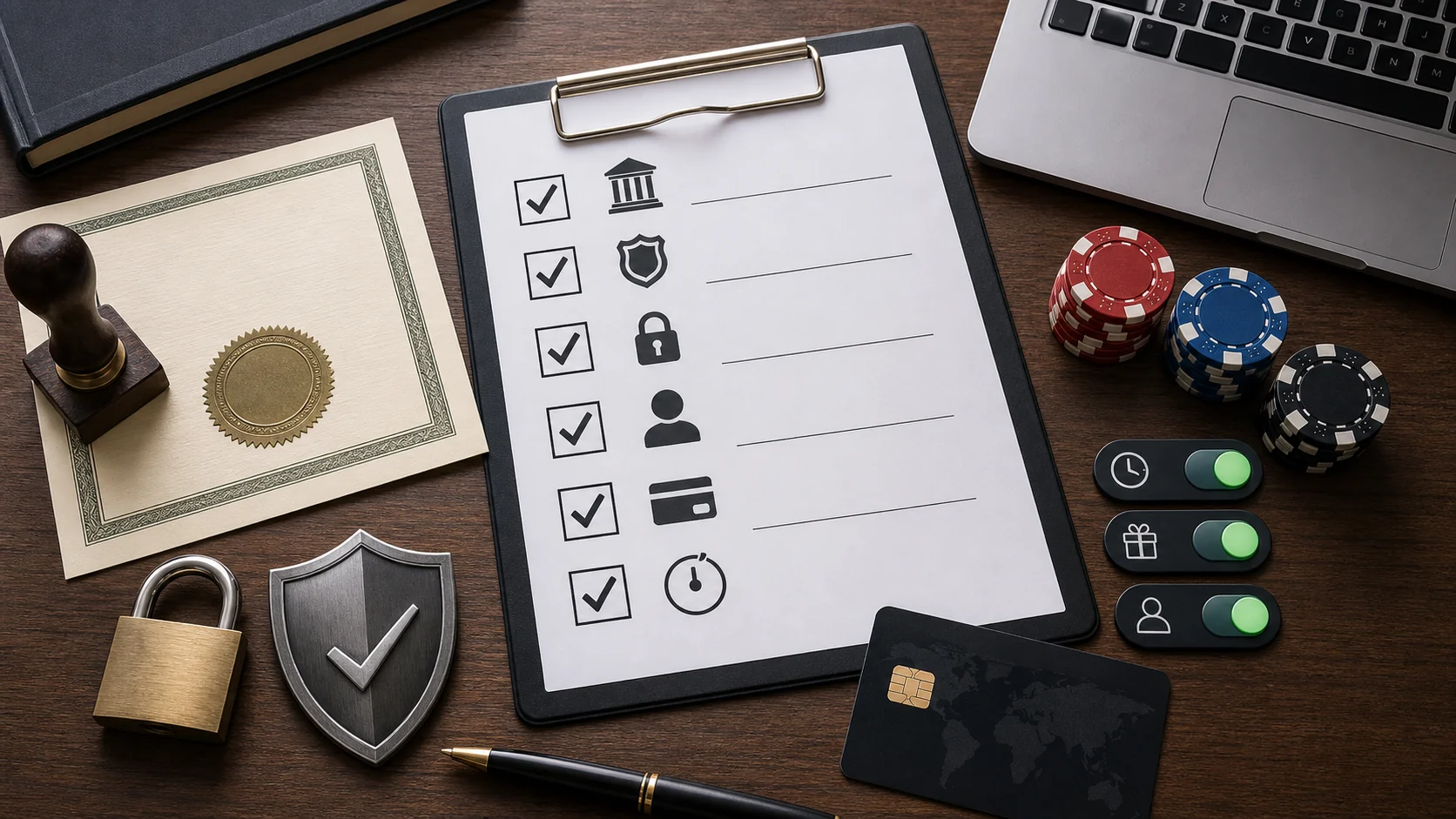 Online casino licence security checklist with shield lock payment card and responsible gambling controls
