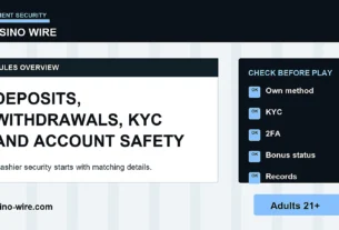 Secure online casino cashier dashboard showing deposits withdrawals KYC checks and account safety for adults 21 plus
