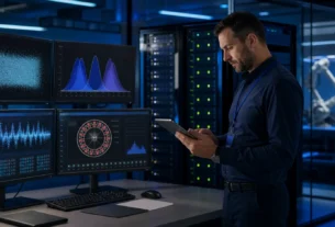 Independent software tester reviewing random number distributions and a digital roulette game in a secure laboratory