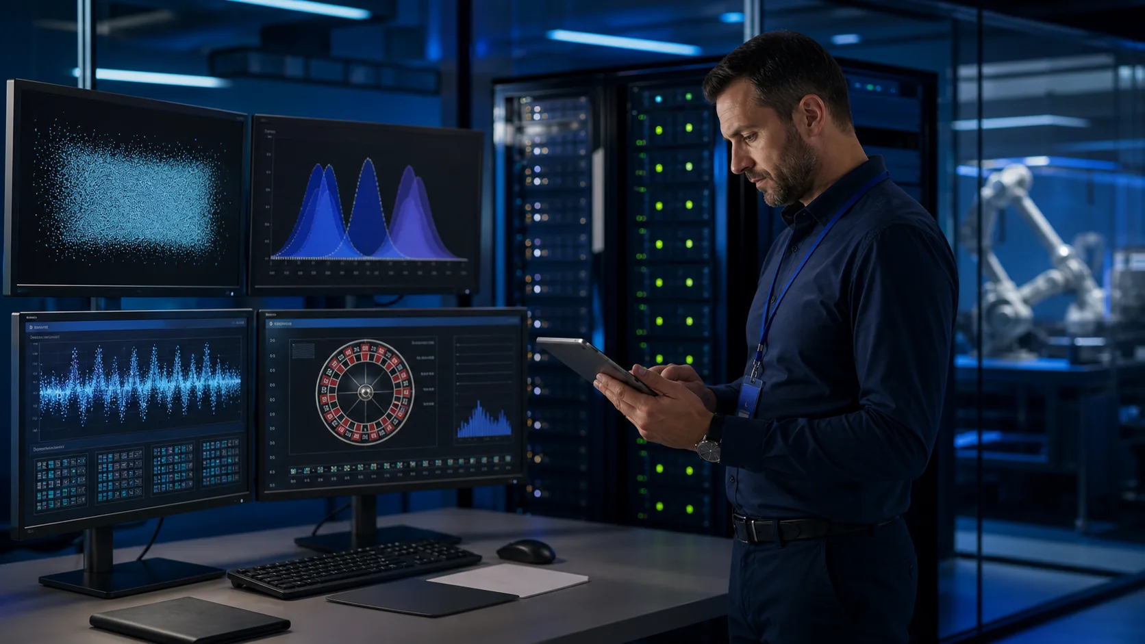 Independent software tester reviewing random number distributions and a digital roulette game in a secure laboratory