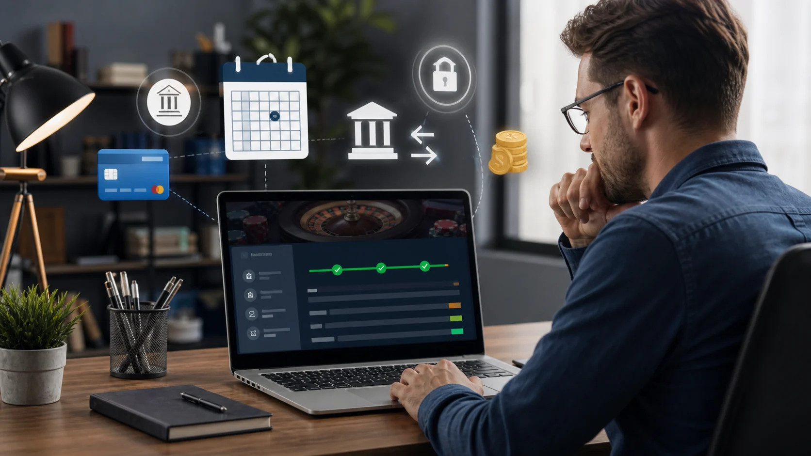 Adult online casino player reviewing withdrawal pending times and payout steps on a laptop