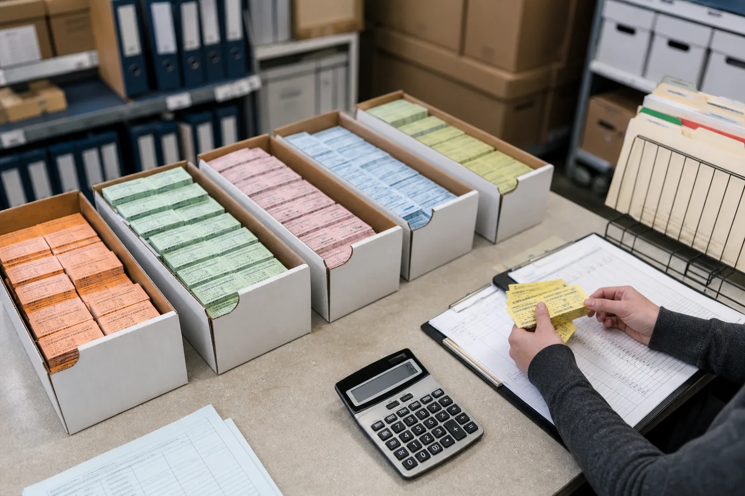 Organized boxes of generic break-open tickets being counted for charitable lottery administration