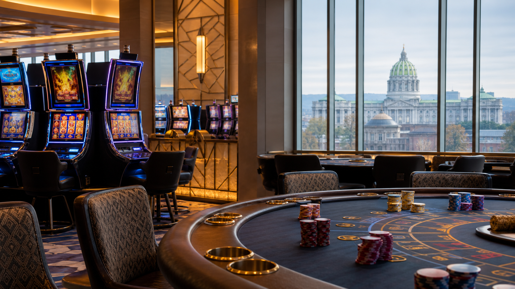 Pennsylvania casino floor with table games and slot machines illustrating record gaming revenue growth