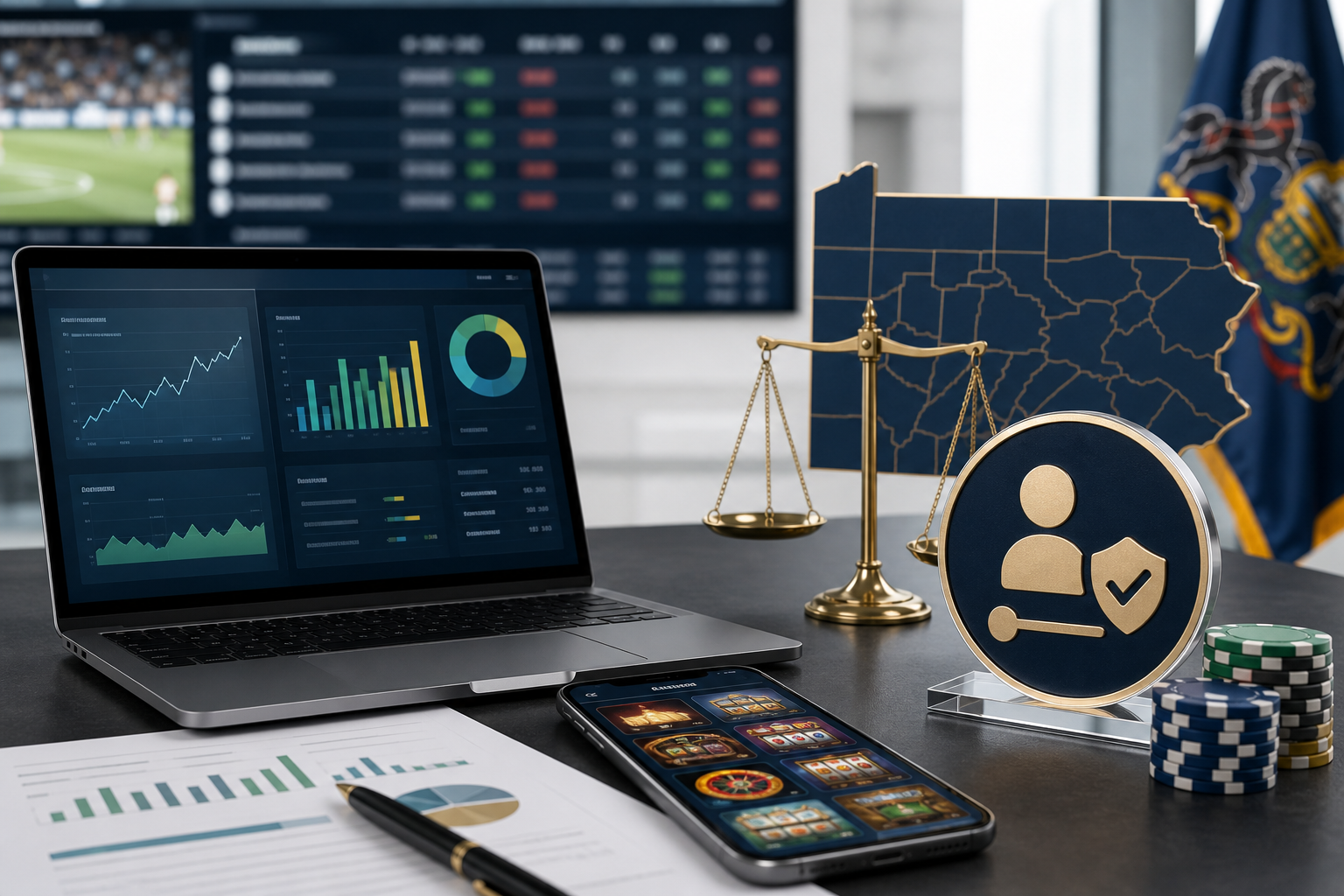 Pennsylvania online casino analytics with tax oversight and responsible gambling protection symbols