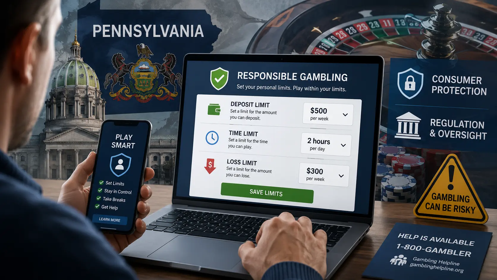 Pennsylvania online casino responsible gambling screen with deposit time and loss limits
