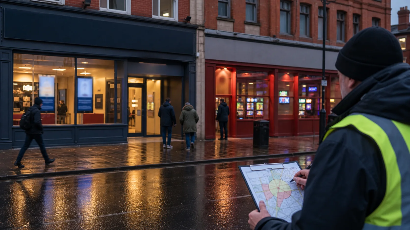 Licensing inspector assessing local risks outside betting and gaming premises on a Preston high street