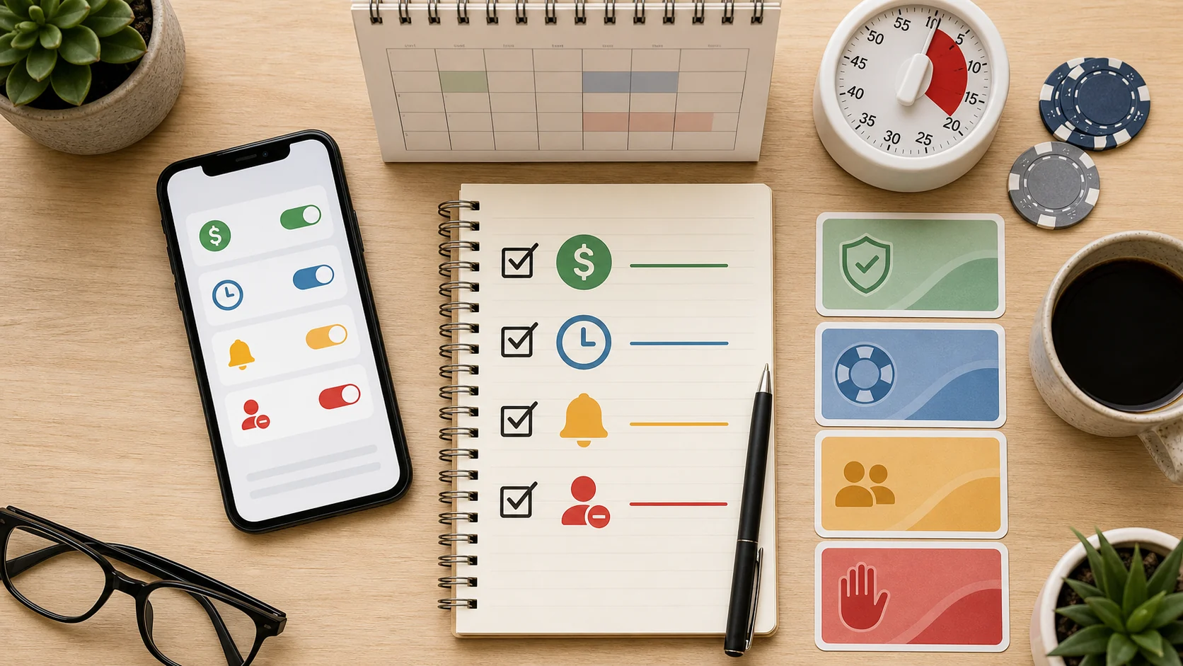 Responsible gambling tools checklist with limit toggles timer calendar shield and stop control icons