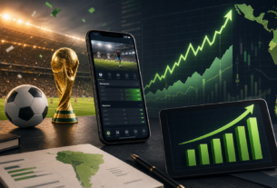 Mobile betting app, football stadium and growth chart showing downloads across Latin America