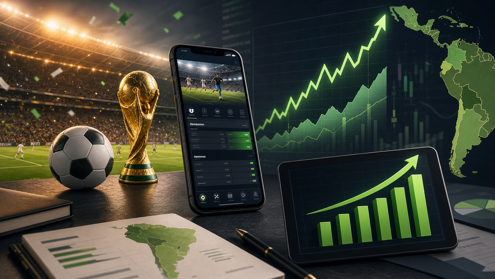 Mobile betting app, football stadium and growth chart showing downloads across Latin America
