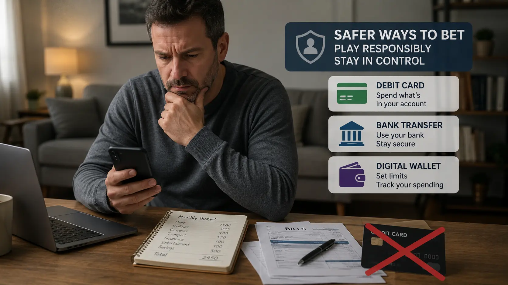 Player reviewing safer sports betting payment options including debit card bank transfer and digital wallet