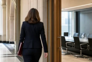 Anonymous UK policy leader entering a regulatory boardroom, illustrating Sarah Fox's move from DCMS to the Gambling Commission