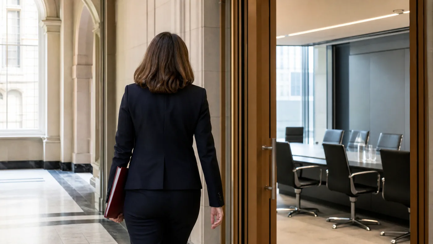 Anonymous UK policy leader entering a regulatory boardroom, illustrating Sarah Fox's move from DCMS to the Gambling Commission