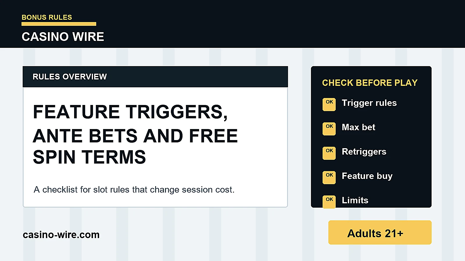 Slot bonus rules checklist showing paylines scatter symbols wilds stake size and feature triggers