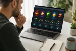 Adult casino player comparing slot volatility and RTP indicators before choosing a game