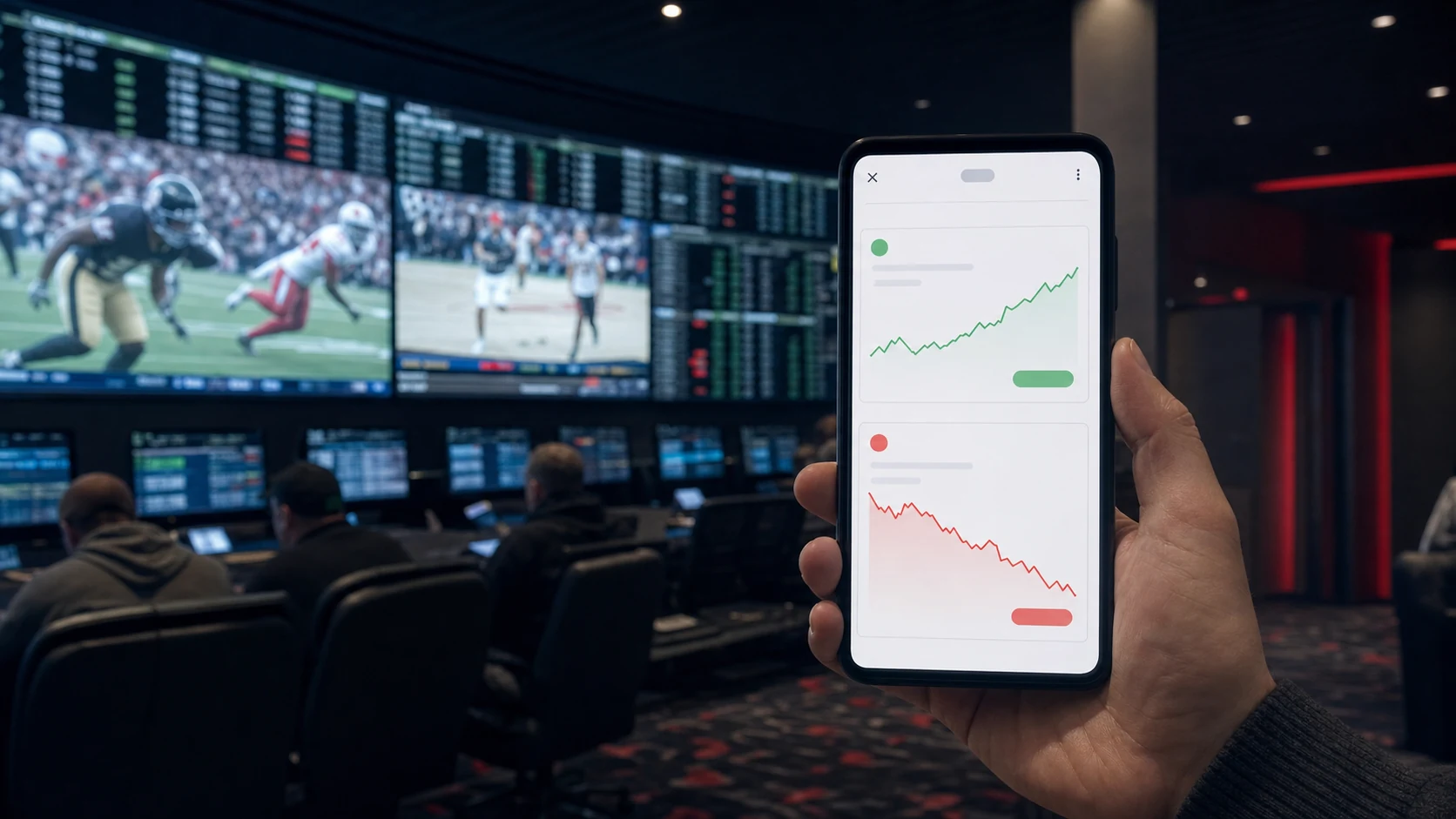 Regulated sportsbook screens behind a generic prediction market interface showing competitive pressure on sports betting