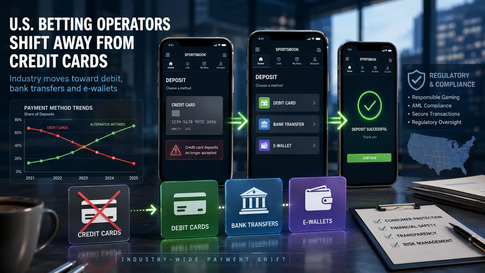 Sportsbook deposit screens showing operators shifting from credit cards to debit cards bank transfers and e-wallets