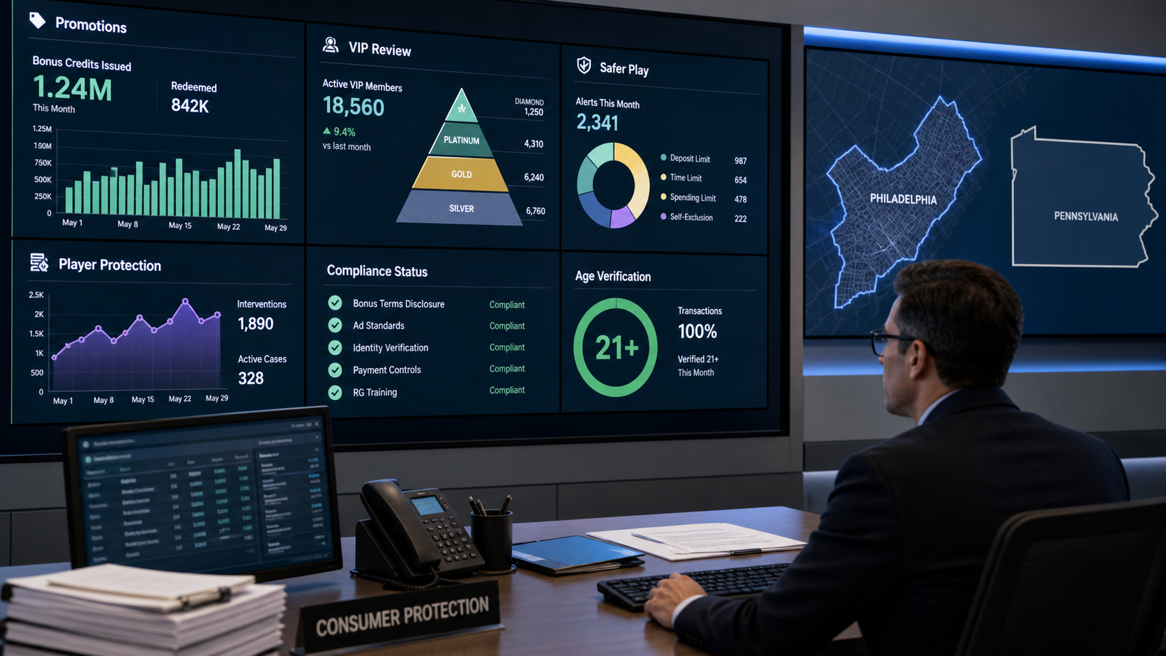 Regulatory dashboard reviewing sportsbook promotions VIP tiers and responsible gambling alerts