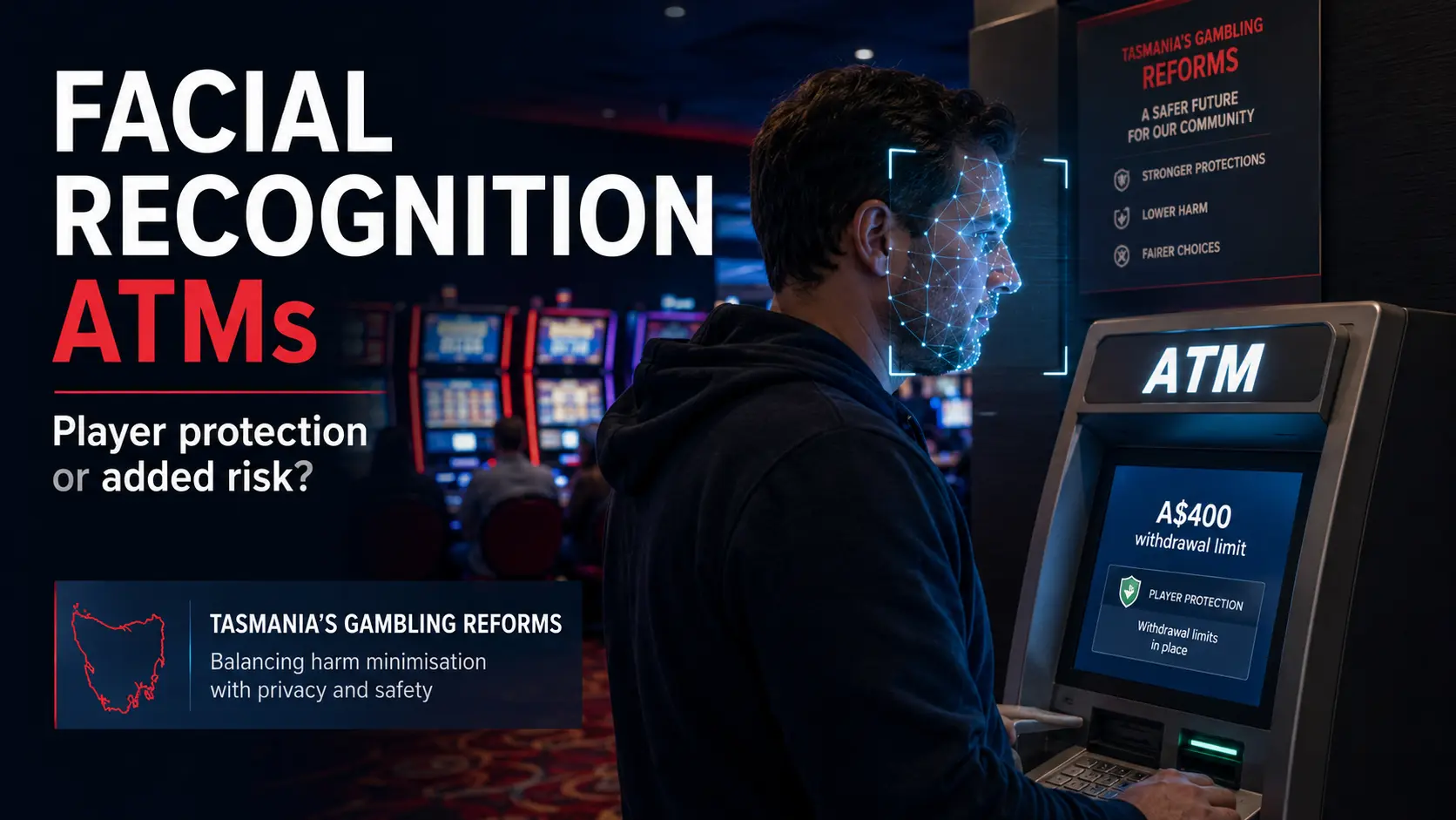 Facial recognition ATM in a pokies venue showing player protection and withdrawal limit