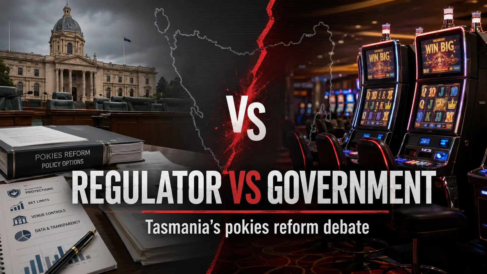 Tasmania pokies reform debate showing parliament policy papers and poker machines