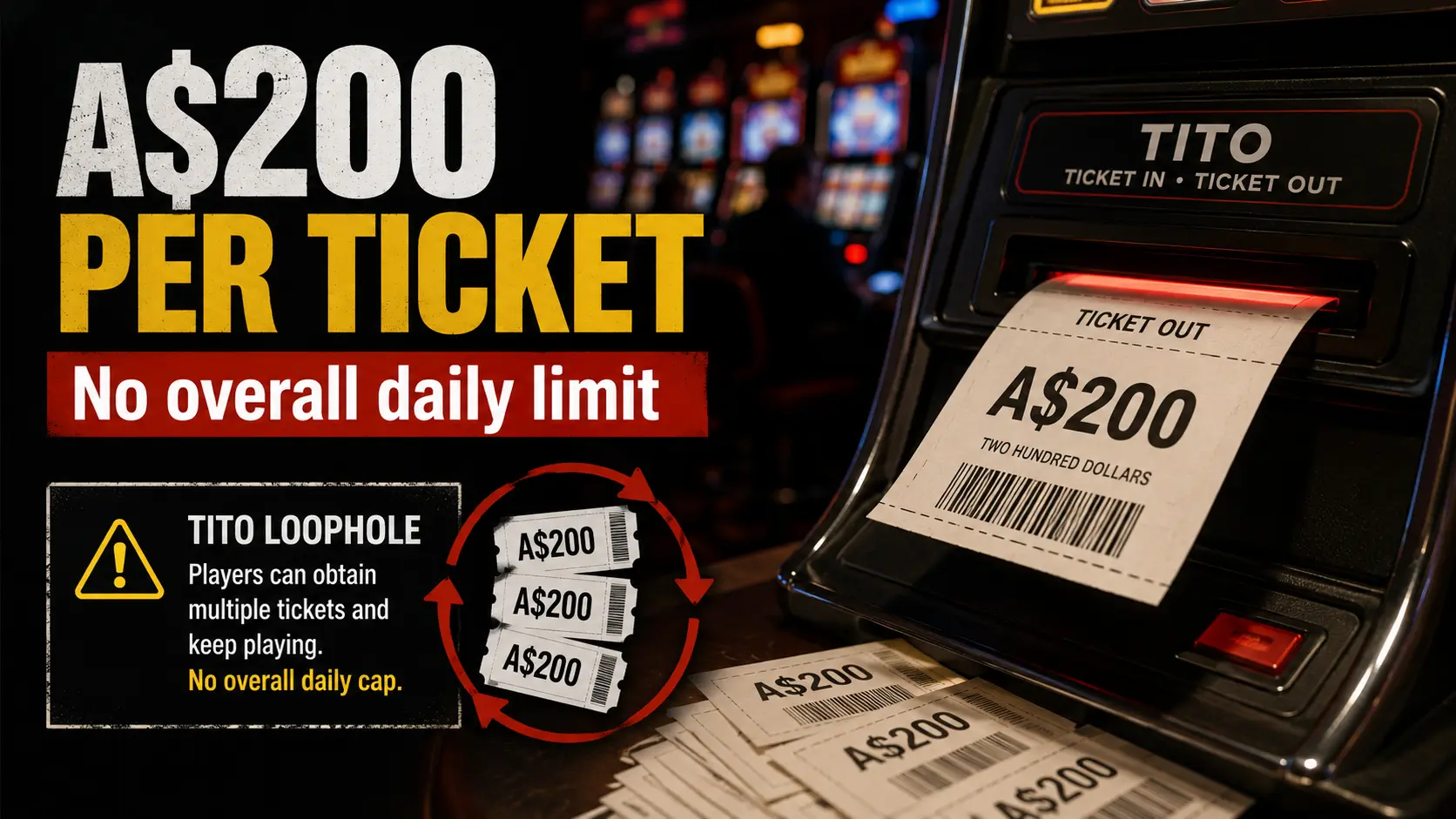 Ticket-in ticket-out pokies machine with A$200 tickets and no overall daily limit warning