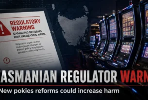 Tasmanian regulator warning about pokies reforms beside poker machines and Tasmania map