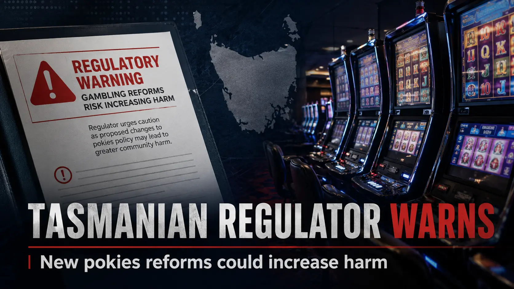 Tasmanian regulator warning about pokies reforms beside poker machines and Tasmania map