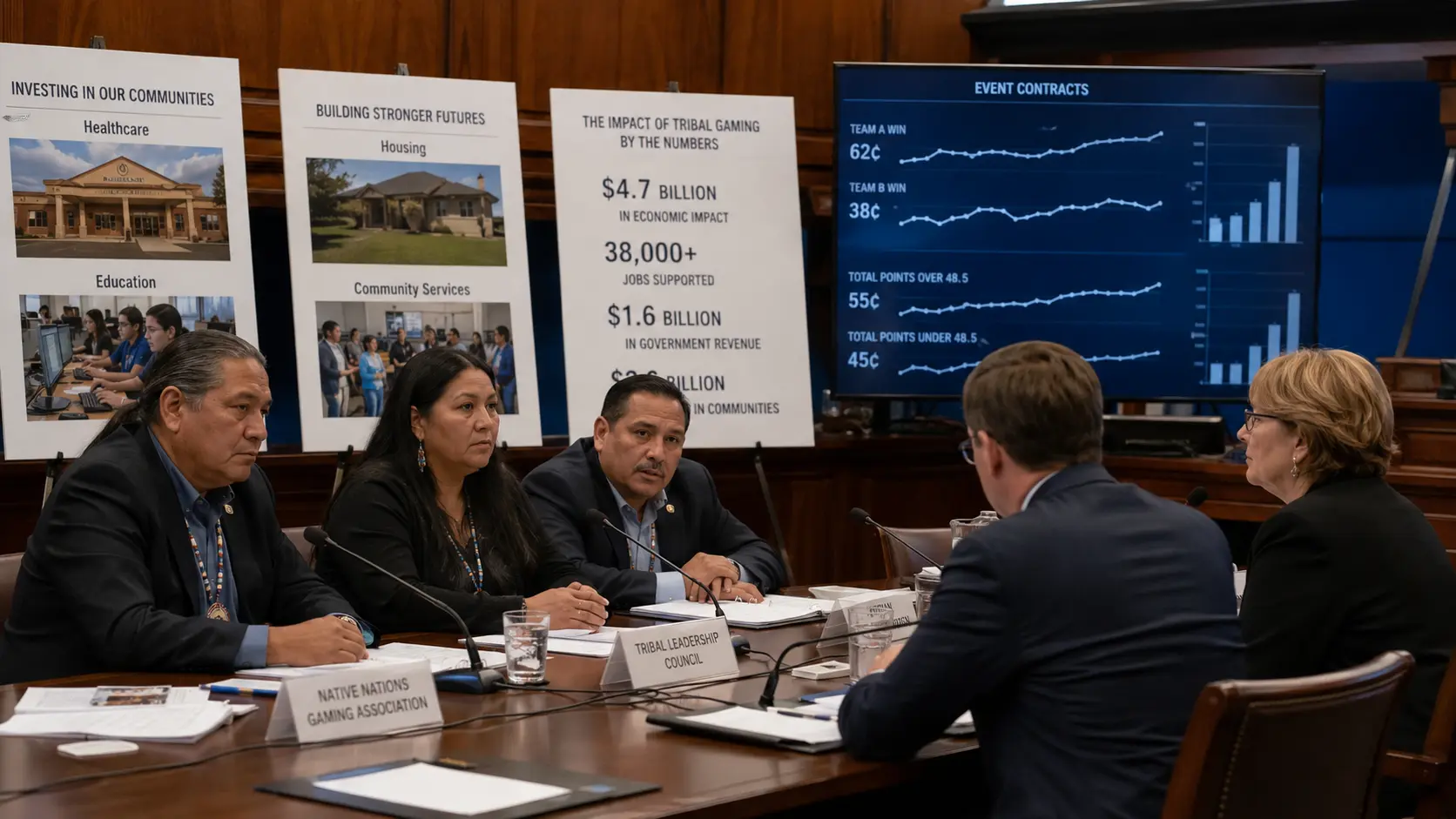 Tribal gaming leaders presenting compact and community impact concerns at a hearing on sports event contracts