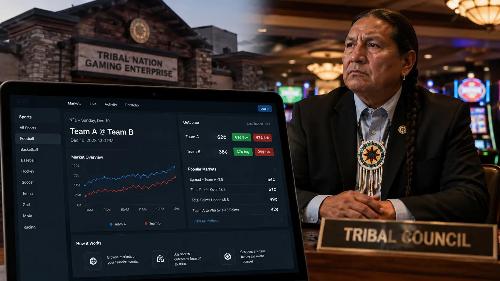 Tribal gaming council reviewing sports prediction market contracts beside a casino floor