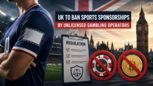 Football shirt sponsorship space with UK regulation symbols and blocked gambling and crypto icons