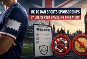 Football shirt sponsorship space with UK regulation symbols and blocked gambling and crypto icons