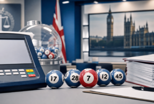 UK lottery terminal and numbered balls beside regulatory documents representing Powerball approval for the National Lottery