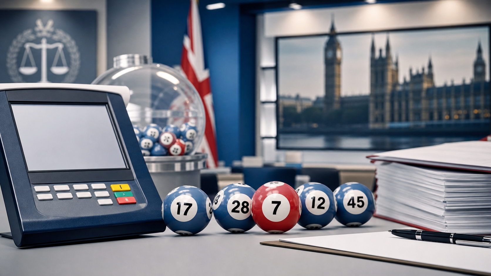 UK lottery terminal and numbered balls beside regulatory documents representing Powerball approval for the National Lottery