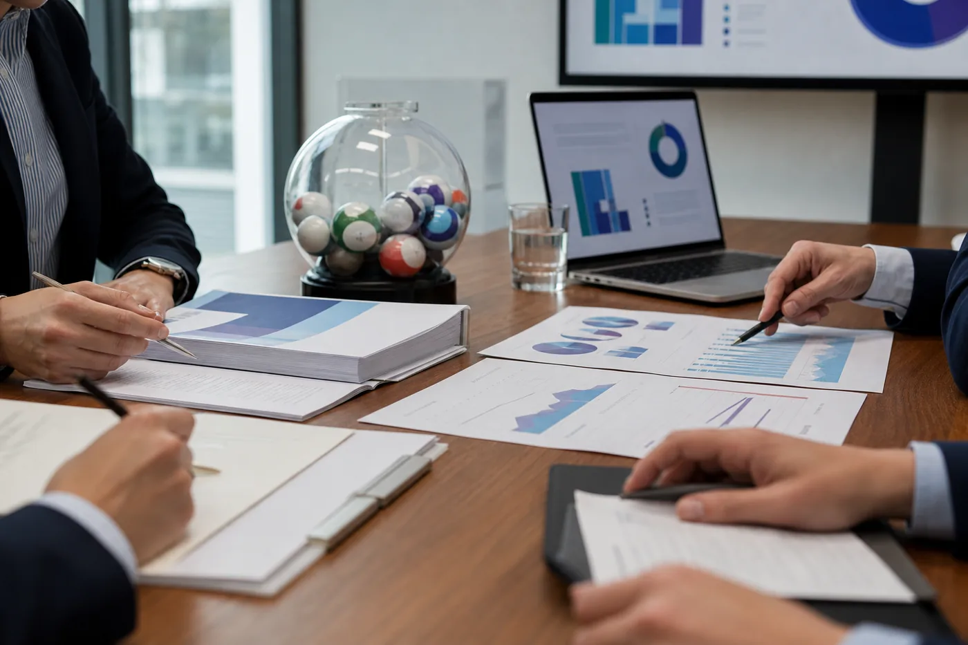 Public-sector policy team reviewing abstract research charts and lottery oversight materials