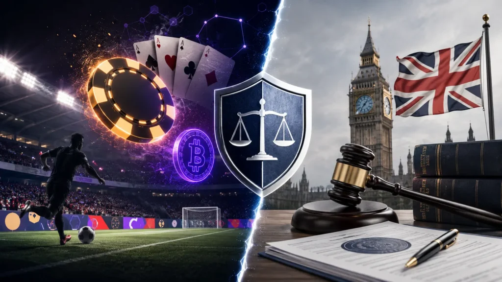 Football stadium, gambling icons and UK legal symbols representing sports sponsorship regulation