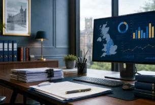 UK town hall licensing office with gambling regulation statistics and data charts
