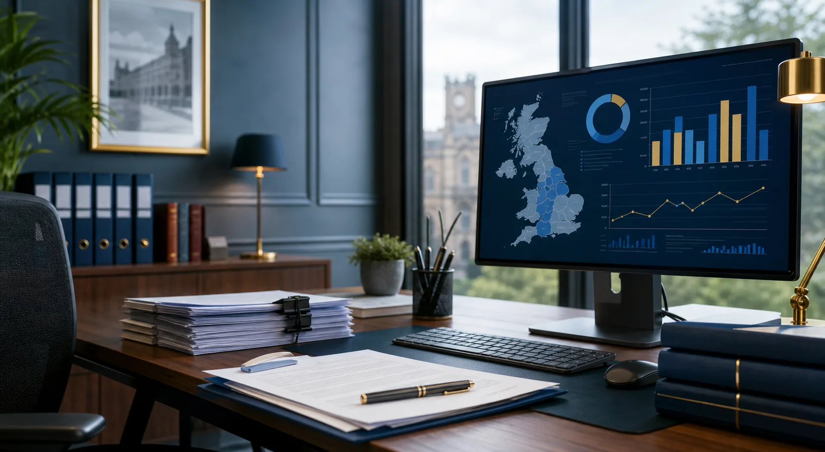 UK town hall licensing office with gambling regulation statistics and data charts