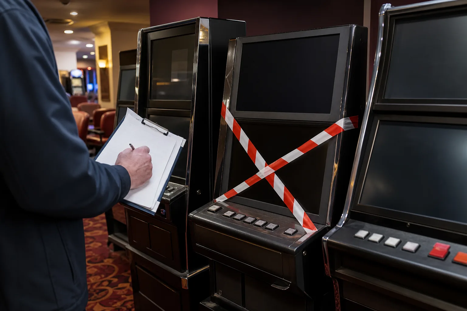 Compliance officer marking a non-compliant gaming machine for immediate removal from a UK gambling venue