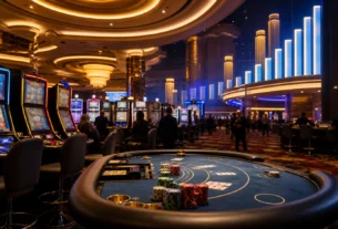 US casino floor with slot machines and a table game illustrating May 2026 commercial gaming revenue growth