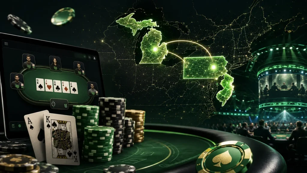 Online poker tablet and casino table with interstate liquidity links across Michigan Pennsylvania and New Jersey