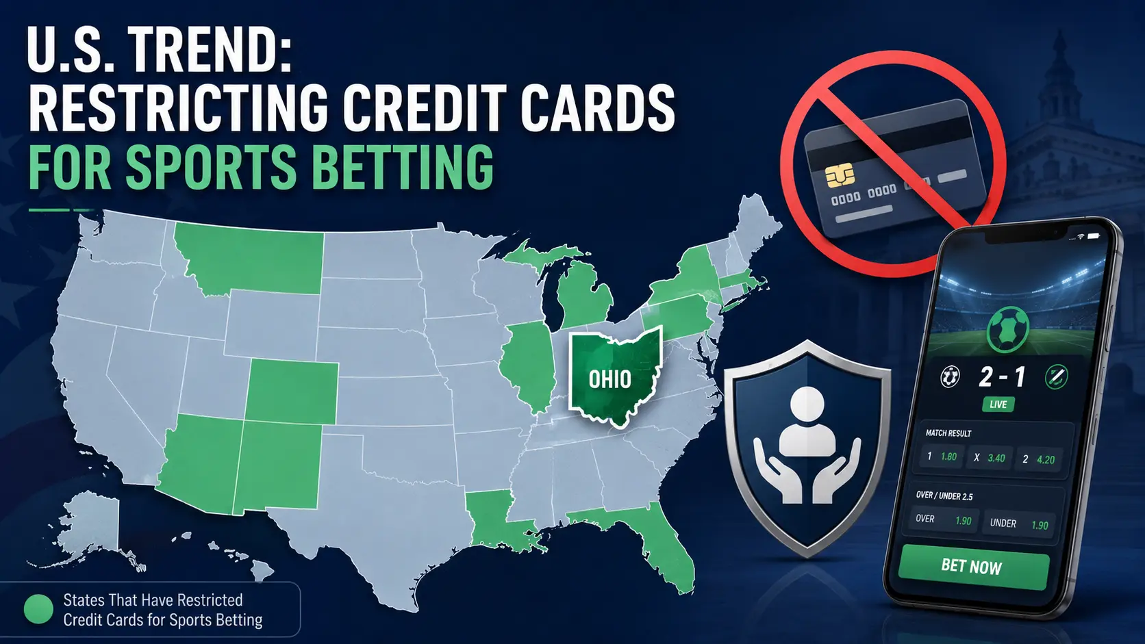 U.S. map showing states restricting credit cards for sports betting with Ohio highlighted