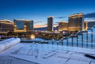 Generic Las Vegas resort portfolio with architectural plans and a restrained upward financial chart